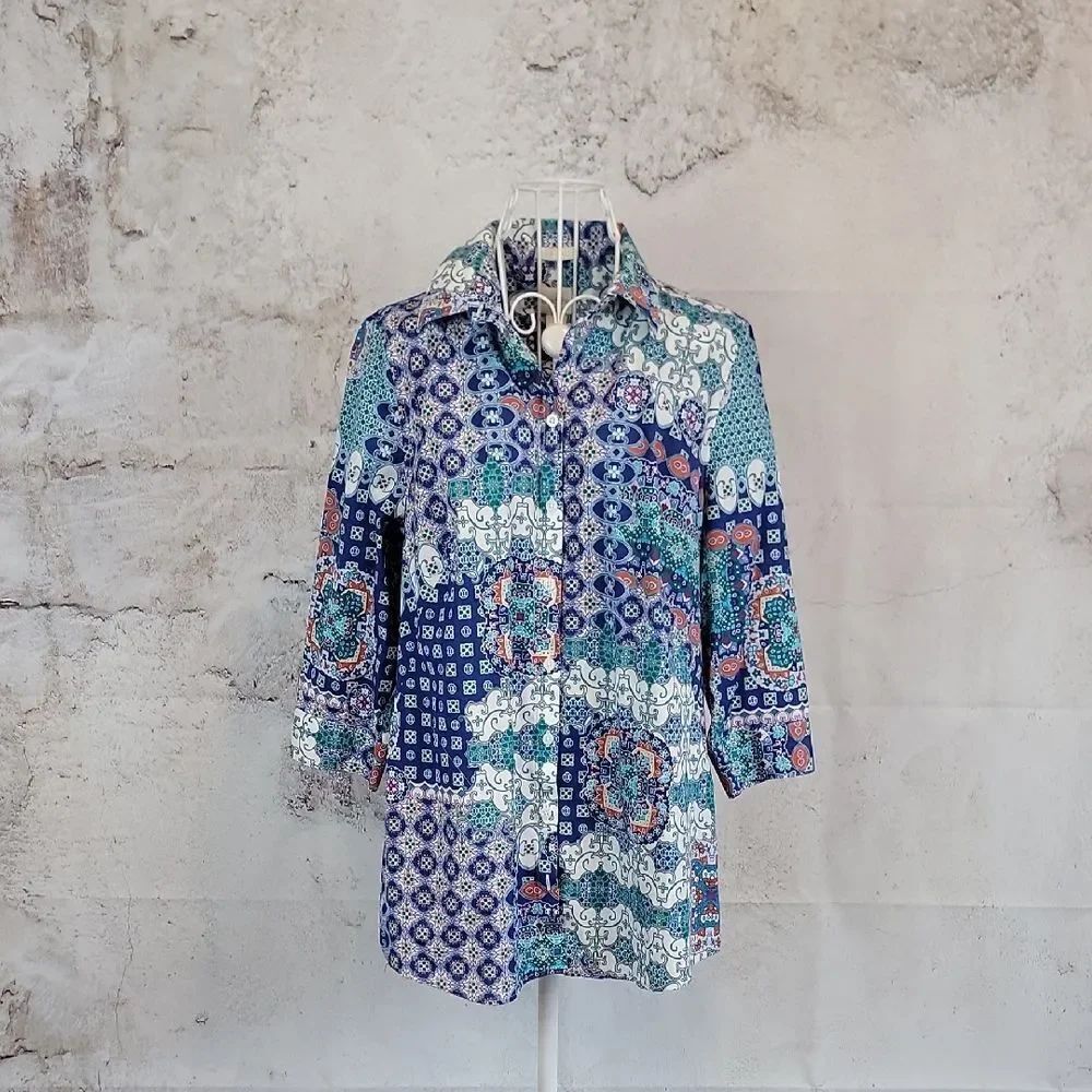 Chico's Button-Down Shirt Multicolored Abstract Patchwork Top Womens Size M